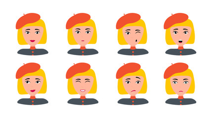 Beautiful woman portrait with different expressions set isolated