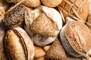 Different kinds of fresh bread as background, top view