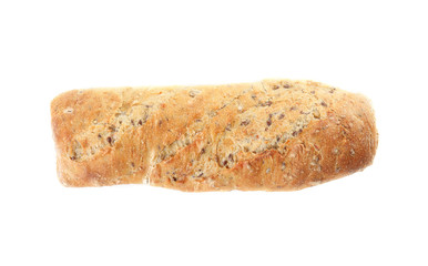 Tasty mini baguette isolated on white, top view. Fresh bread