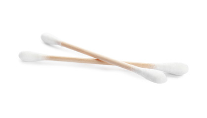 Wooden cotton swabs on white background. Hygienic accessory