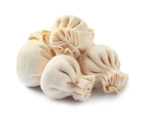 Pile of raw dumplings on white background