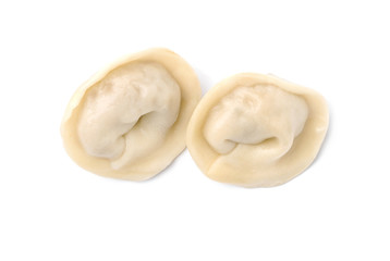 Fresh boiled dumplings on white background, top view