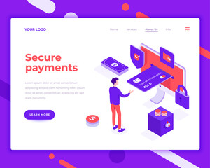 Secure payment people and interact with card isometric vector illustration