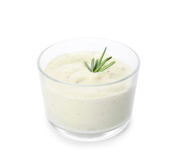 Glass bowl of garlic sauce on white background