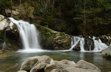 Forest flowing waterfall high up in the mountains of the Carpathians with noise flows down on a background of forest