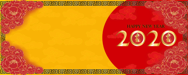 Happy Chinese new year 2020 with Golden Rat Zodiac Paper cut, red flowerand Chinese pattern border line with red background, Chinese new year greetings card, invitation and banner with copy space