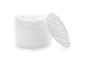Fototapeta na wymiar Stack of cotton pads on white background