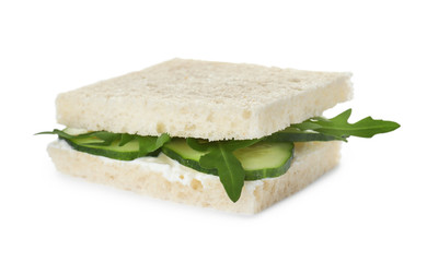 Tasty cucumber sandwich with arugula isolated on white