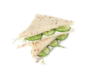 Fresh tasty cucumber sandwiches isolated on white
