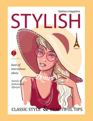 Head of a sweet lady with light long hair, big hat in fashion red blouse magazine cover