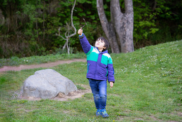 Active boy pointing wooden stick up  while walking in forest park,Child boy having fun playing outdoor activity,Preschool Kid wearing acket adventure in spring or summer forest on school trip
