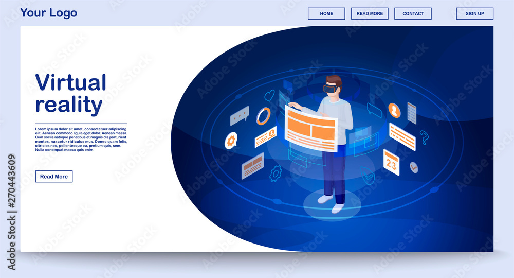 Aufkleber virtual reality ui webpage vector template with isometric illustration