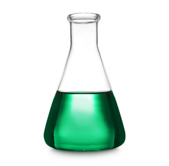 Laboratory glassware with color sample on white background. Solution chemistry