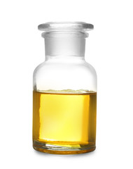 Laboratory glassware with color sample on white background. Solution chemistry