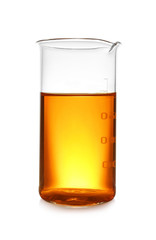 Beaker with color liquid isolated on white. Solution chemistry