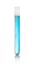 Test tube of color liquid isolated on white. Solution chemistry