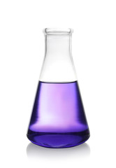 Erlenmeyer flask with color liquid isolated on white. Solution chemistry