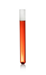 Test tube of color liquid isolated on white. Solution chemistry
