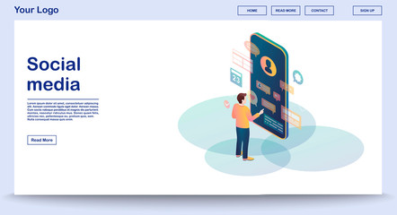 Social media webpage vector template with isometric illustration