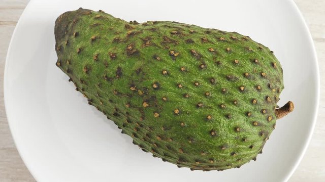 One soursop graviola, exotic, fruit Guanabana on plate, Rotating