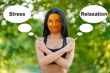 young girl with orange peel skin, bad skin sign, shows the words 