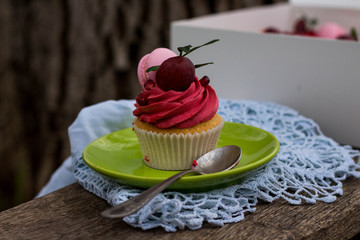 an appetizing cupcake on the green saucer decorated with macaron and a teaspoon