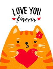 Cute red cat with heart in paws