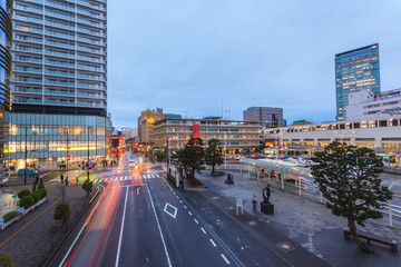 Shizuoka downtown cityscape at sunset twilight, Japan