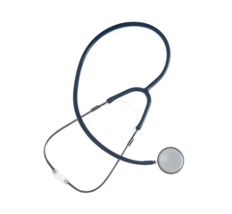 Stethoscope on white background, top view. Medical device