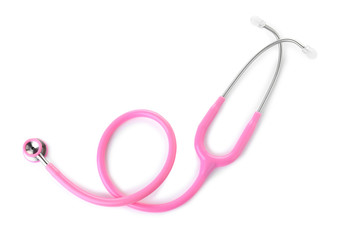 Stethoscope on white background, top view. Medical device