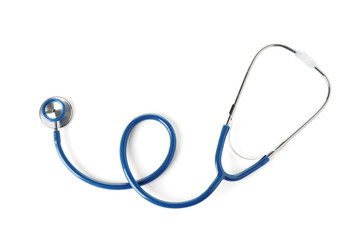 Stethoscope on white background, top view. Medical device