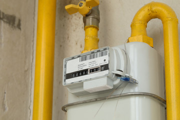 Residential natural gas meter on indoor wall to measure household energy consumption