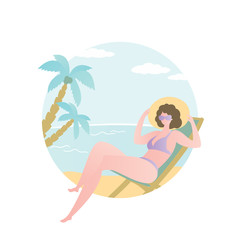 Beauty and fashion girl sitting in a lounge chair on beach,