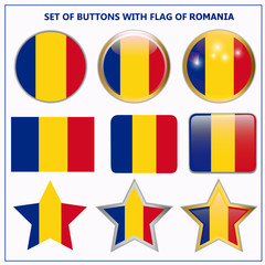 Bright set with buttons with flag of Romania. Happy Romania day buttons. Bright illustration with white background.