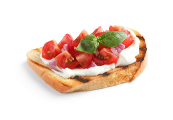Tasty bruschetta with tomato on white background