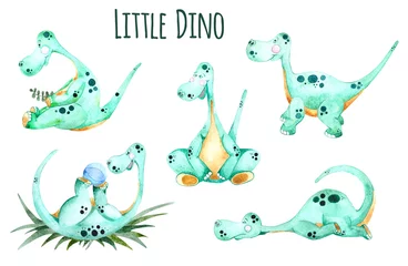 Selbstklebende Fototapeten Dinosaurier Set of watercolor cute green dinosaurs in cartoon style. Watercolor children's illustration for t-shirts, fabrics, stickers, posters, postcards, packaging paper, gifts  © Vasia_illi