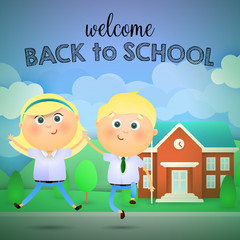 Obraz na płótnie Canvas Welcome back to school lettering, boy and girl jumping. Offer or sale advertising design. Handwritten and typed text, calligraphy. For leaflets, brochures, invitations, posters or banners.
