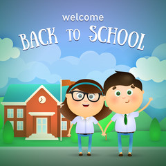 Welcome back to school lettering, boy and girl. Offer or sale advertising design. Typed text, calligraphy. For leaflets, brochures, invitations, posters or banners.