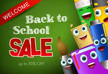 Welcome back to school lettering, cheerful stationery characters. Offer or sale advertising design. Typed text, calligraphy. For leaflets, brochures, invitations, posters or banners.