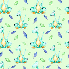Fototapeta na wymiar Seamless watercolor pattern with green dinosaurs. Watercolor children's illustration in cartoon style for t-shirts, fabrics, stickers, packaging paper, gifts