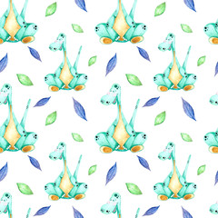 Seamless watercolor pattern with green dinosaurs. Watercolor children's illustration in cartoon style for t-shirts, fabrics, stickers, packaging paper, gifts