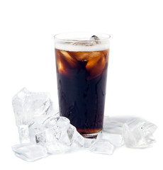 Glass of cola with ice isolated on a white background.