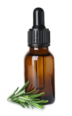 Little bottle of essential oil and rosemary on white background