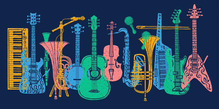 Musical Instruments, Guitar, Fiddle, Violin, Clarinet, Banjo, Trombone, Trumpet, Saxophone, Sax, Music Lover Slogan Graphic For T Shirt Design Posters Prints. Hand Drawn Vector Illustration.