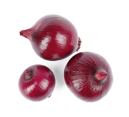 Fresh whole red onions on white background, top view