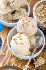 Artisanal ice cream with halva and sunflower seeds.