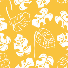 Obraz premium Tropical palm leaves monstera hand drawn in white lines on orange background. Seamless pattern of jungle plants in simple style.