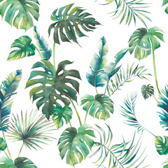 Summer palm tree, monstera and banana leaves seamless pattern. Watercolor green branches on white background. Hand drawn exotic wallpaper