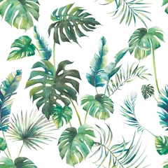 Printed kitchen splashbacks Botanical print Summer palm tree, monstera and banana leaves seamless pattern. Watercolor green branches on white background. Hand drawn exotic wallpaper