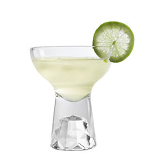 Glass of tasty martini with lime on white background